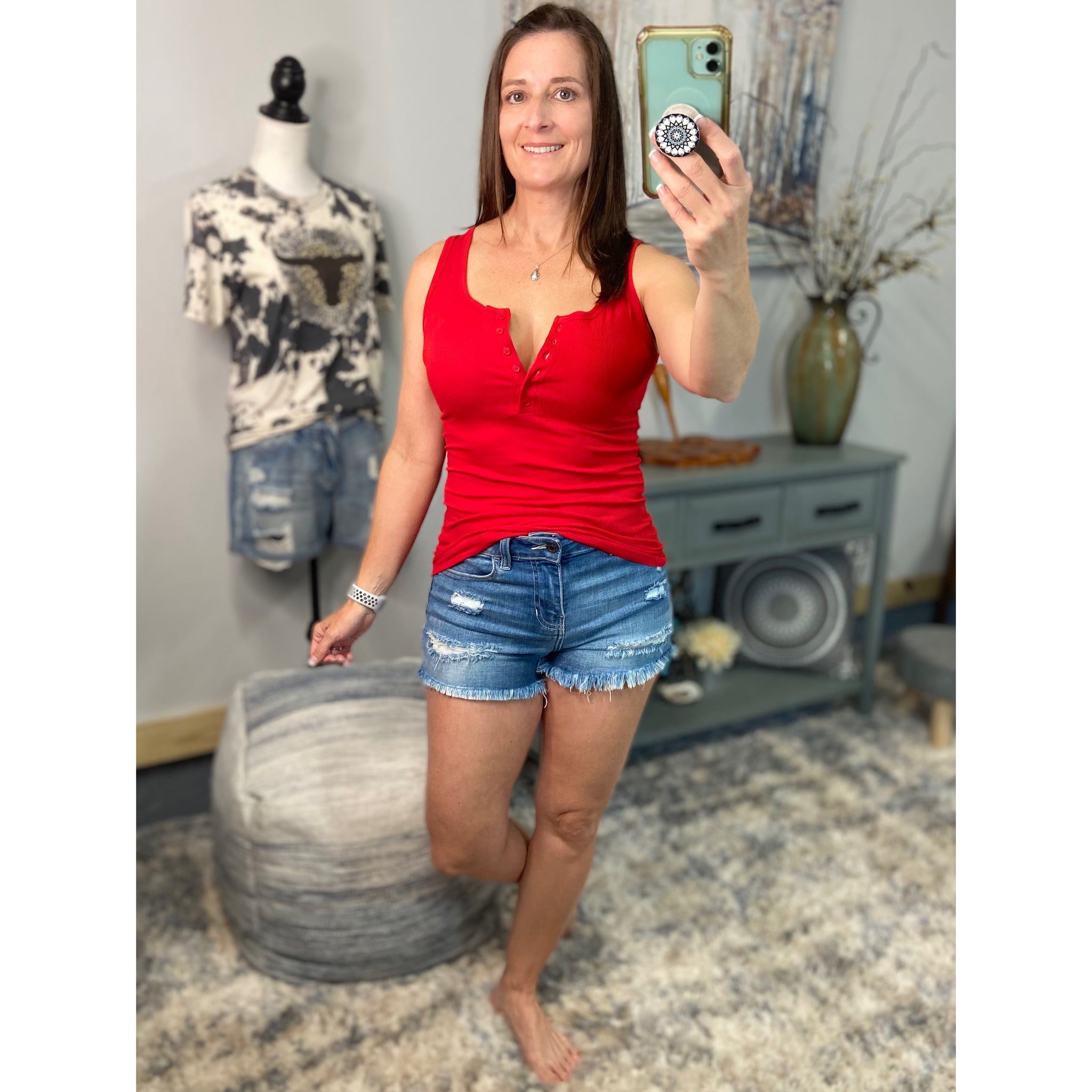 “Let The Sun Shine” Ribbed Henley Low Cut Boy Beater Cleavage Fitted Tank Top Red