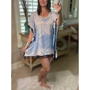 “Beach Bound” Tie Dye Beach Cover Up Pool Chic Boho Tassel Hem Mini Vibrant Vacation Blue OS