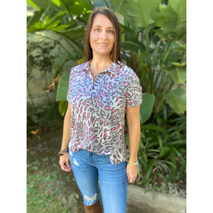 “She Is Fierce” Leopard Animal V Neck Collar Short Sleeve Tab Button Floaty Tunic Top Gray Pink