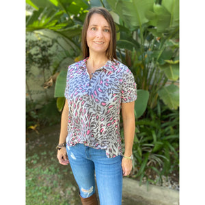 “She Is Fierce” Leopard V-Neck Collar Short Sleeve Tab Button Floaty Top Gray Pink