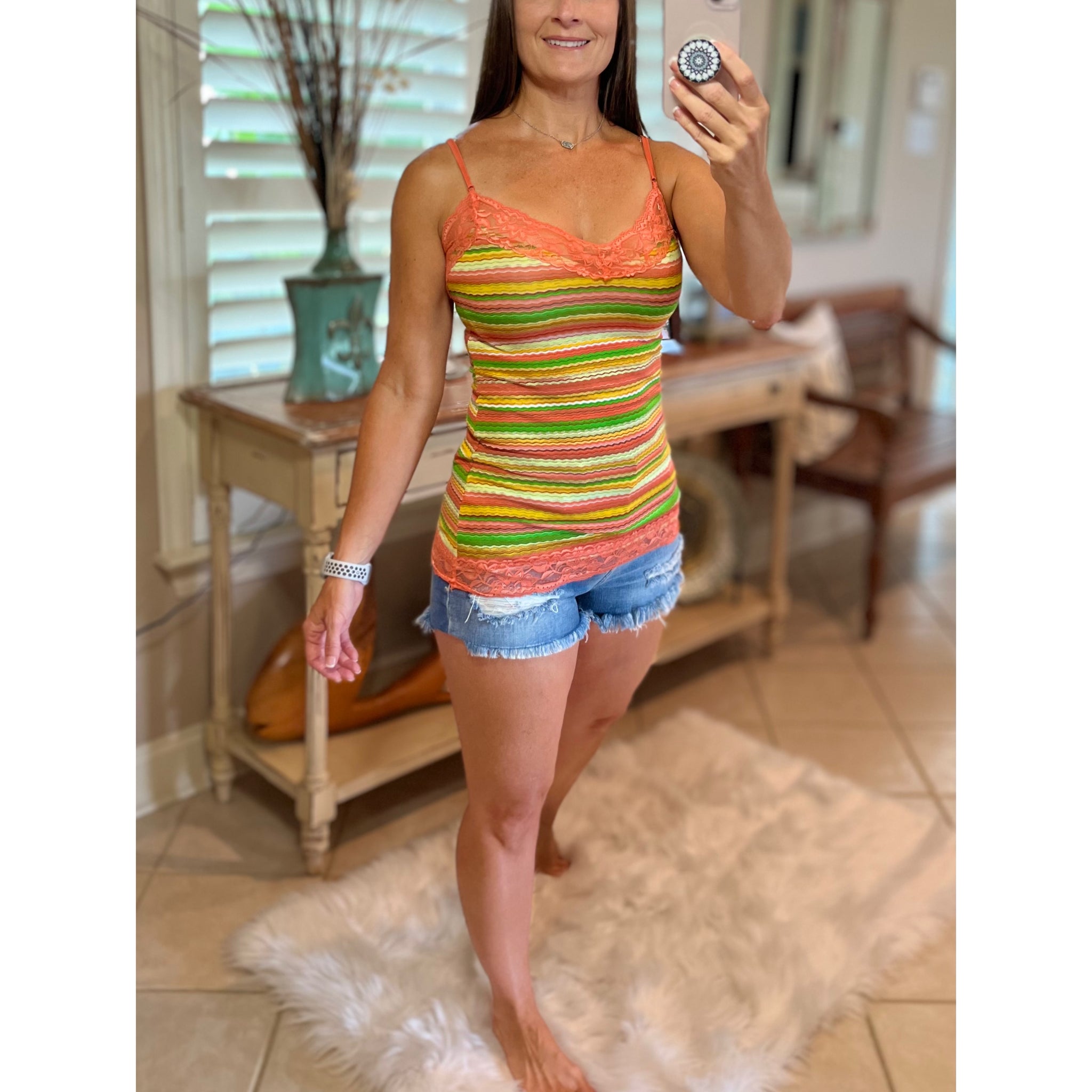 Striped Low Cut Cleavage Retro Lace Summer Tank Cami Top Tunic Peach S/M/L
