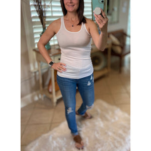“Can’t Touch This” Ribbed Racerback Low Cut Scoop Boy Beater Cleavage Tank Top White PLUS