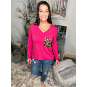 “Blind Faith“ V Neck Soft Jersey Knit Floaty Animal Print Leopard Pocket Long Sleeve Hot Pink