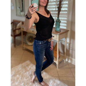 “Spring Fling” Sexy Low Double V Neck Back Sleeveless Dressy Knit Sweater Tank Black