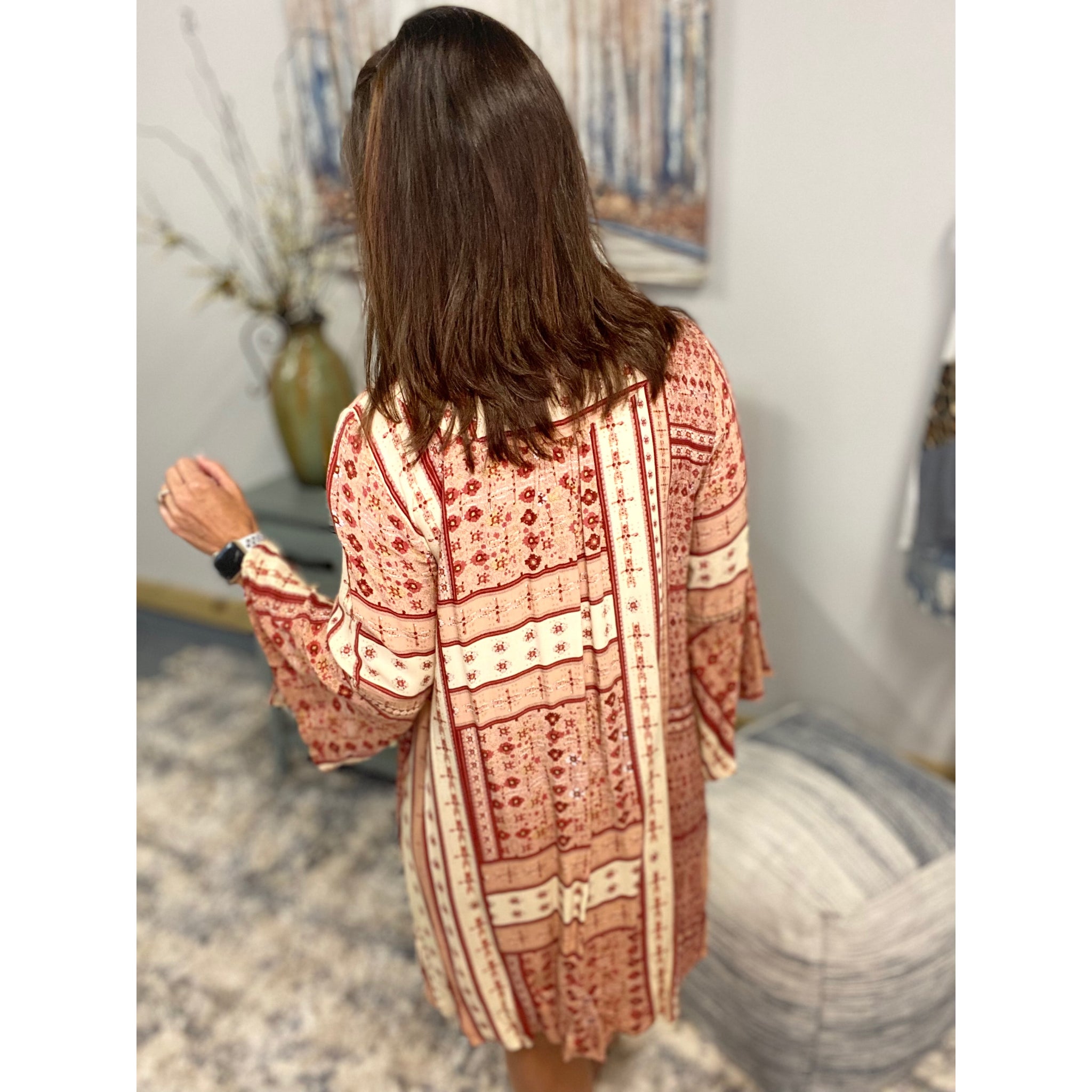 "Falling for You" Floral Bell 3/4 Sleeve Keyhole Tie Floaty Shift Tunic Dress Pink S/M/L