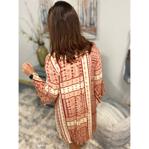 "Falling for You" Floral Bell 3/4 Sleeve Keyhole Tie Floaty Shift Tunic Dress Pink S/M/L