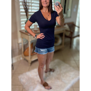 “Basic Babe” Low Cut V-Neck Cleavage Baby Slimming Basic Tee Shirt Top Navy S/M/L/X