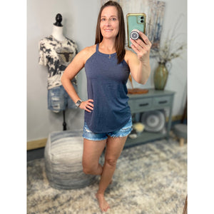 Tri Rocker Racerback Scoop Neck Floaty Trendy Tank Top Navy Blue S/M/L/XL