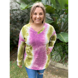 “Summertime Blues” Tie Dye Vertical Print V-Neck Long Sleeves Pink Green