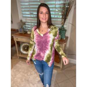 “Summertime Blues” Tie Dye Vertical Print V-Neck Long Sleeves Pink Green