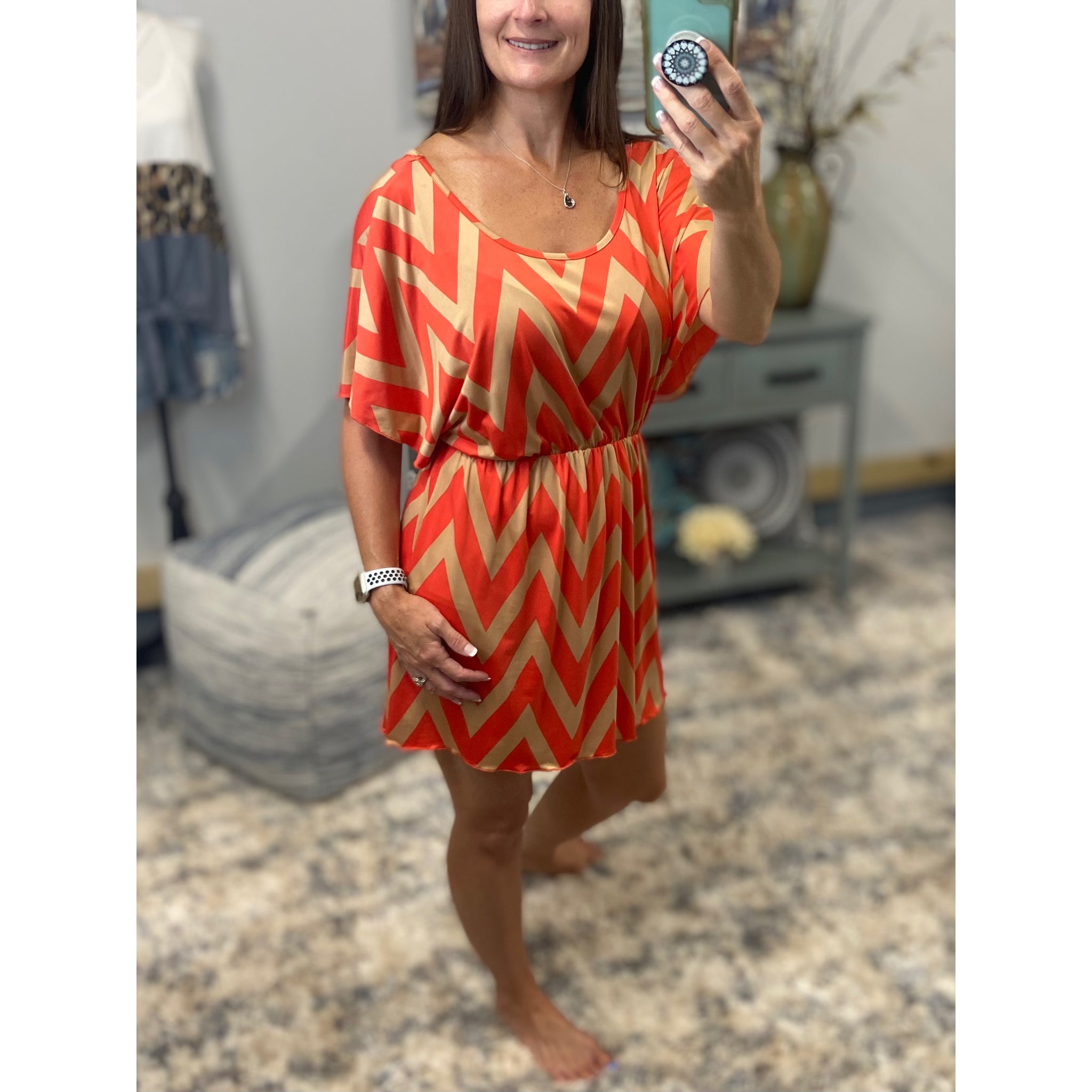 Sexy Chevron Zig Zag Print Batwing Dolman Elastic Waist Dress Tan/Coral S/M/L/XL