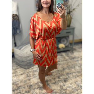 Sexy Chevron Zig Zag Print Batwing Dolman Elastic Waist Dress Tan/Coral S/M/L/XL