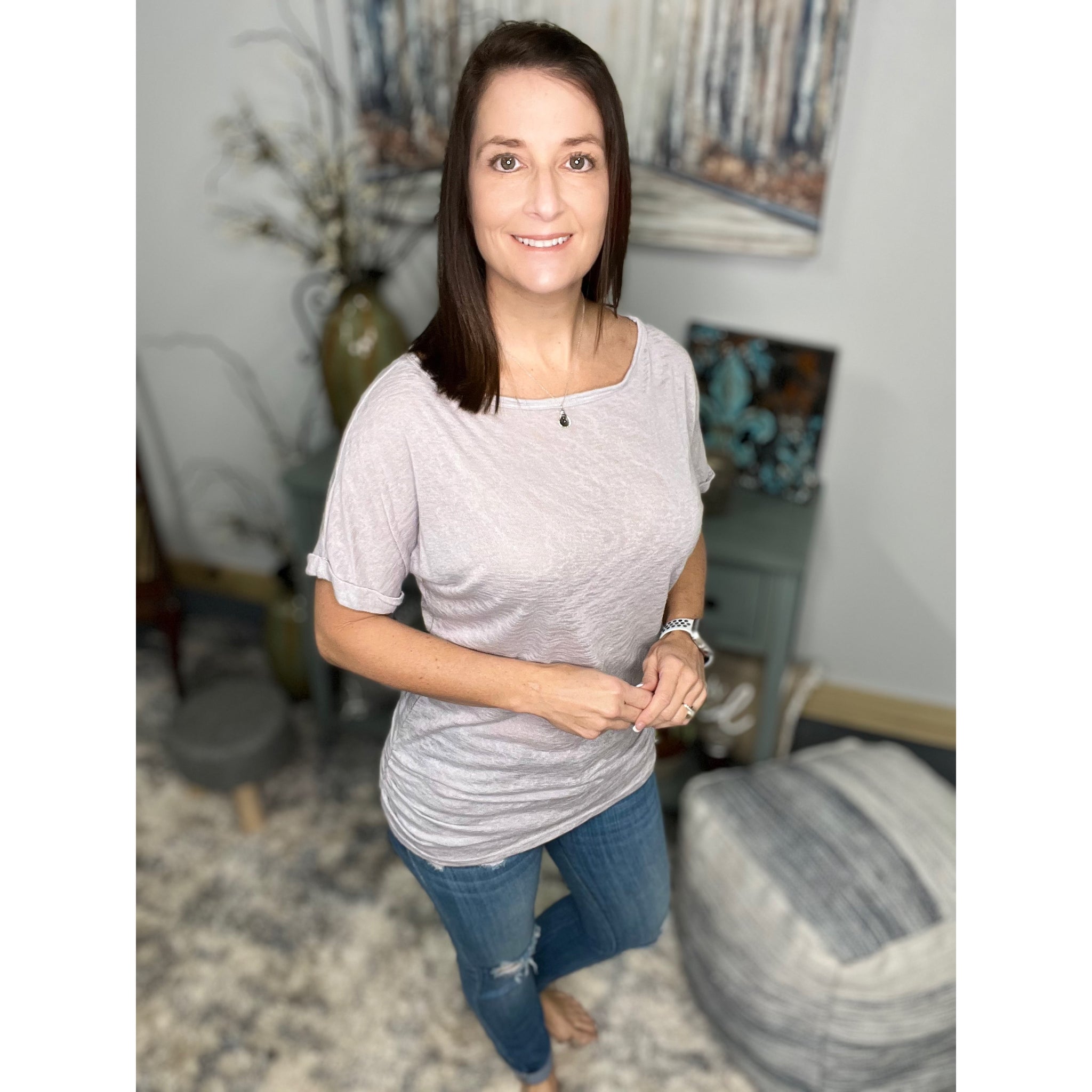 "Clouds Roll In" Wide Boat Neck Dolman Gauze Rolled Sleeve Ruched Sides Tunic Top Light Gray