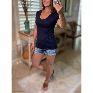 “Basic Babe” Low Cut V-Neck Cleavage Baby Slimming Basic Tee Shirt Top Navy S/M/L/X
