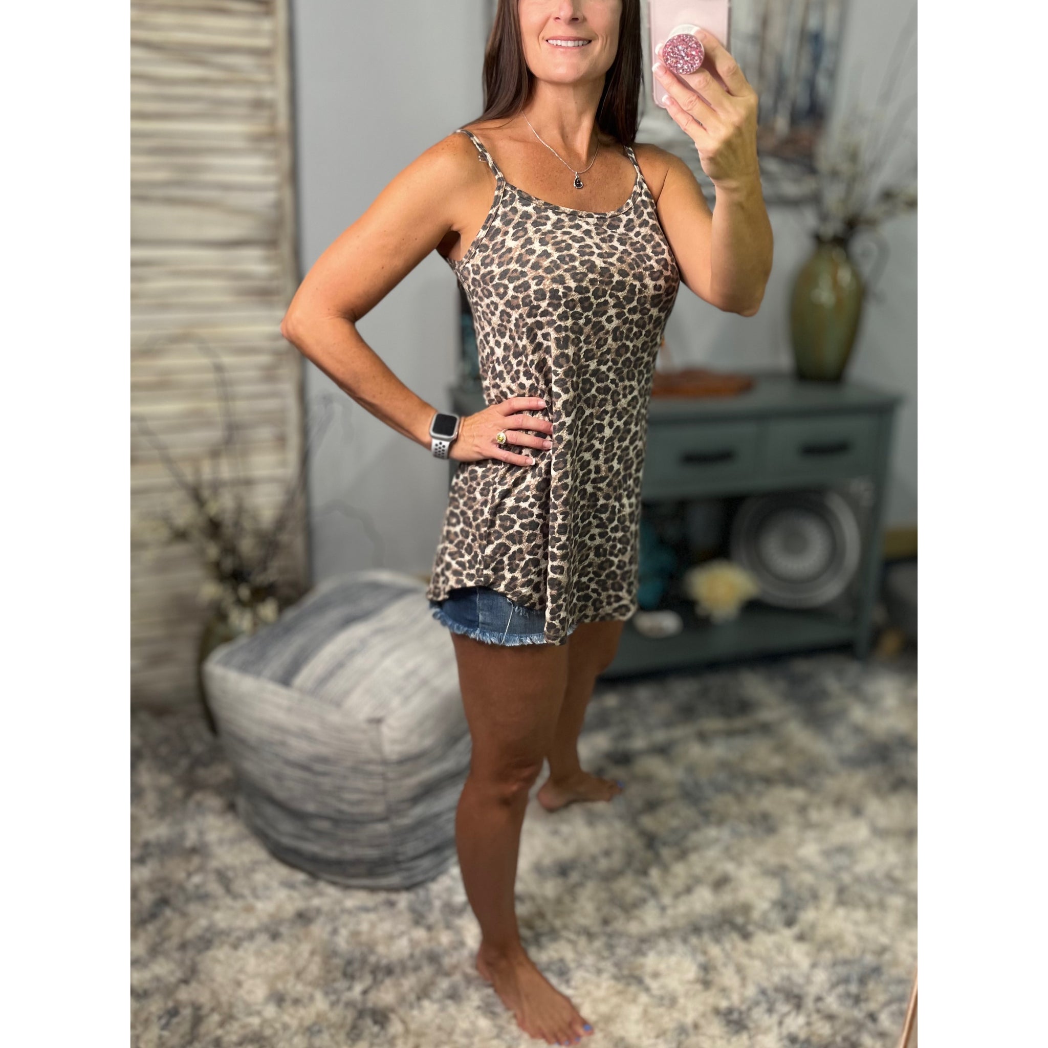 “Heat Wave” Reversible Leopard Low Scoop Or V-Neck Tank Shirt Top Distressed Brown S/M/L/XL