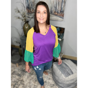 "Beads or Bust" Mardi Gras Color Block Swiss Dot Flutter Bell Sleeves V Neck Tie Bottom Shirt Purple Green & Gold