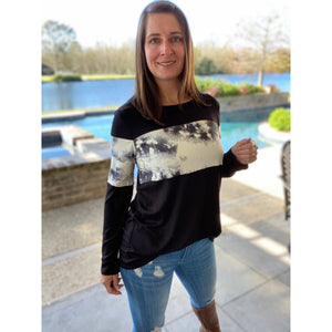 "Paint The Town" Tie Dye Color Block Scoop Neck Long Sleeve Black
