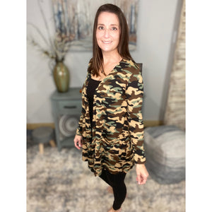 “Suspicious Love” Open Long Cardigan Pocket Asymmetrical Light Long Sleeve Open Front Camouflage