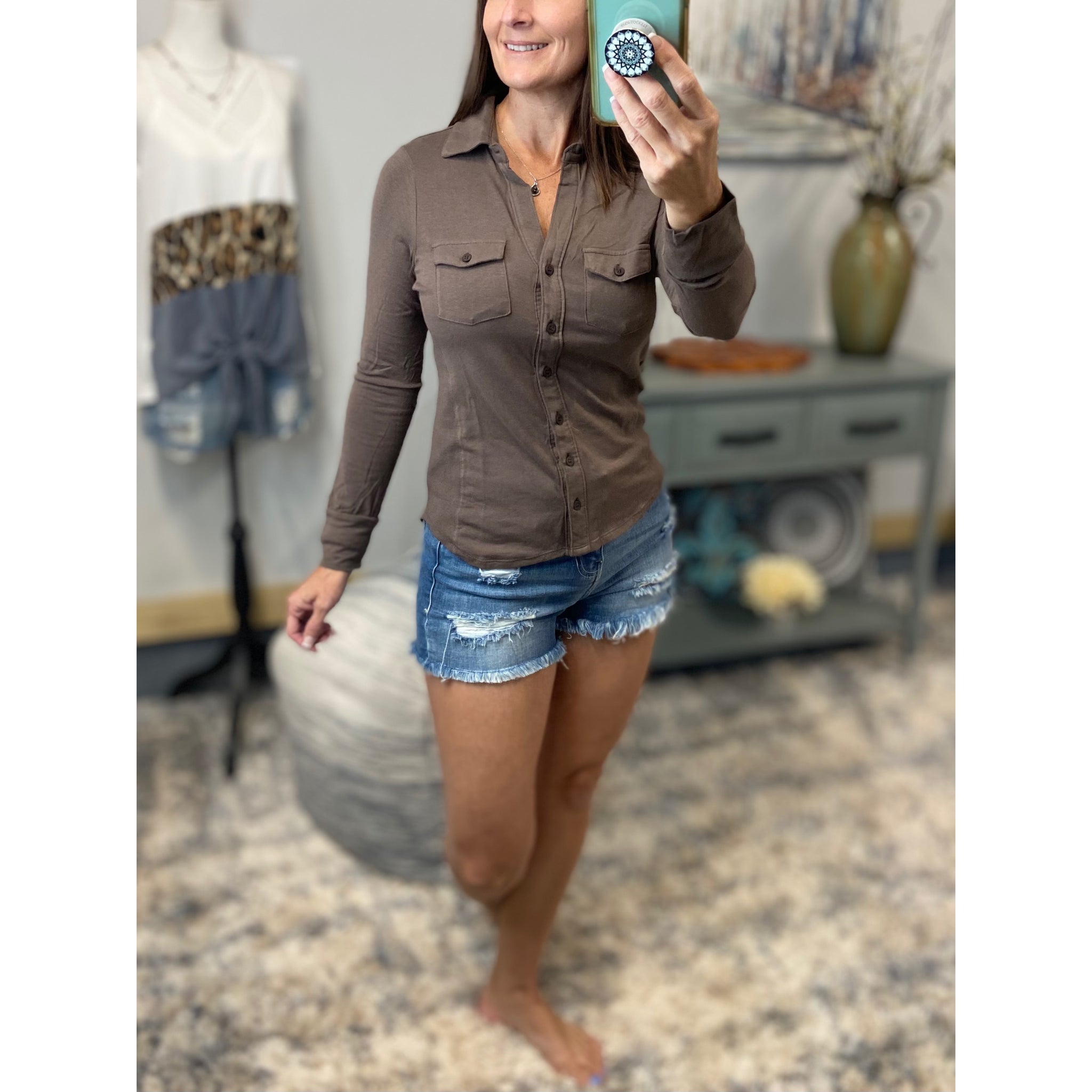 Collar V-Neck Pockets Button Up Slim Preppy Stretch Mocha Brown S/M/L