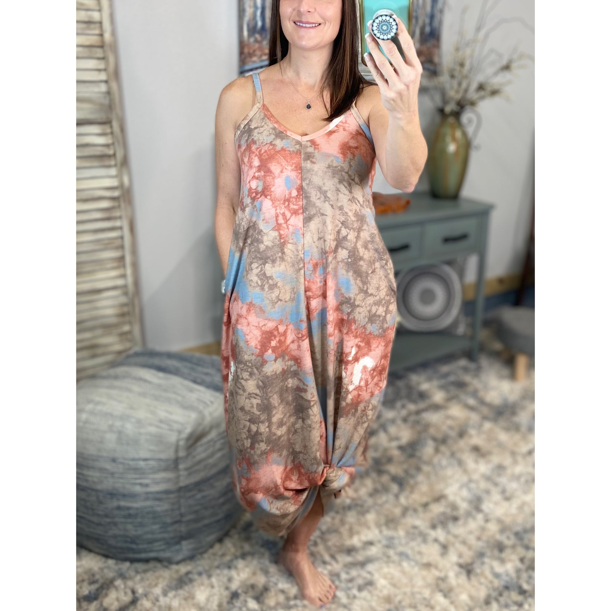 “In The Springtime” Maxi Dress Tie Dye French Terry V Neck Cami Tank Long Tube Pocket Summer Peach Blue