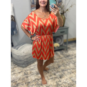 Sexy Chevron Zig Zag Print Batwing Dolman Elastic Waist Dress Tan/Coral S/M/L/XL