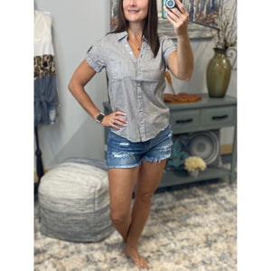 “Never Too Much” Striped V Neck Preppy Country Collar Pocket Button Up Short Tab Sleeve Navy