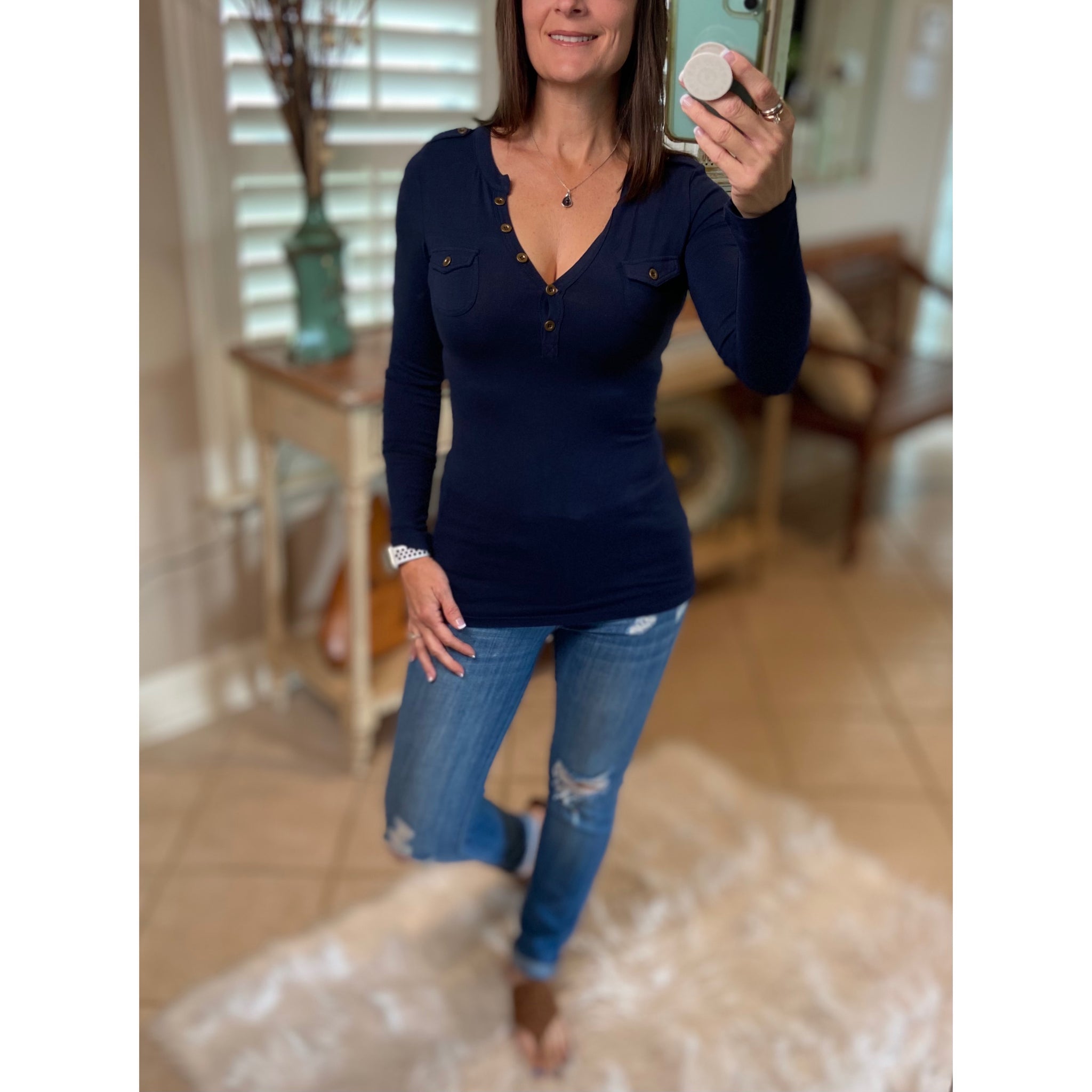 Very Sexy Deep V Neck Plunge Cleavage Military Henley Pocket Top Navy