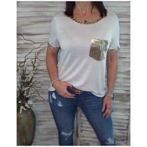 Very Sexy Sequined Neck Sleeves Pocket Scoop Neck Top Shirt Tee White S/M/L