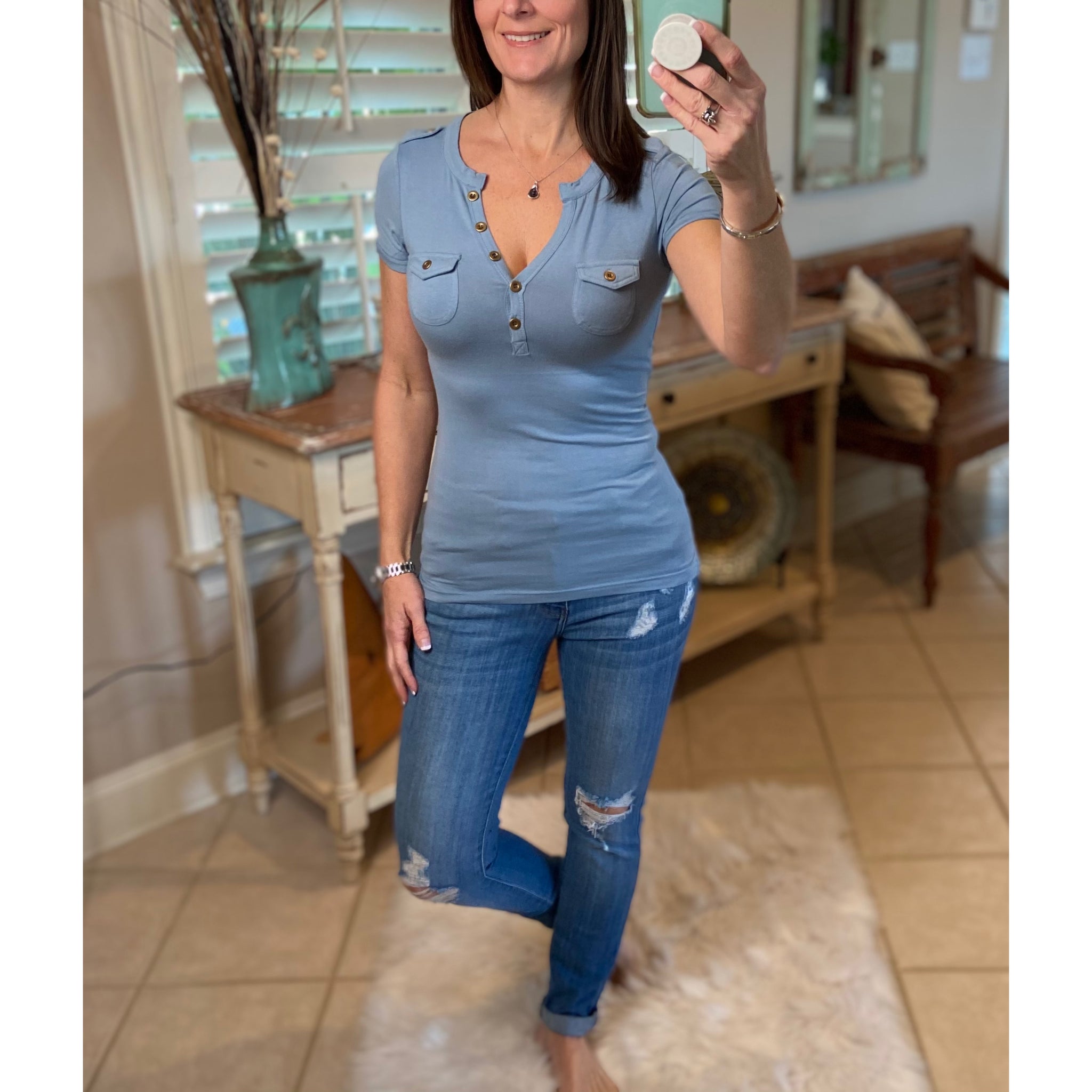 Sexy Deep V Neck Plunge Cleavage Military Henley Pocket Short Sleeve Top Blue