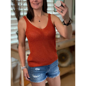 “Spring Fling” Sexy Low Double V Neck Back Sleeveless Dressy Sweater Tank Rust