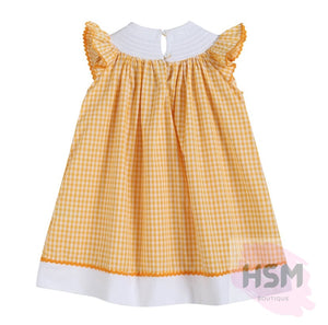 "Georgia Peach" Smocked Plaid Peach Bishop Embroidery Orange Dress