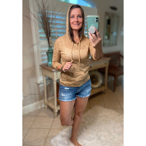 Sexy Sheer Burnout Drawstring Hoodie Tissue High Neck Top Shirt Camel