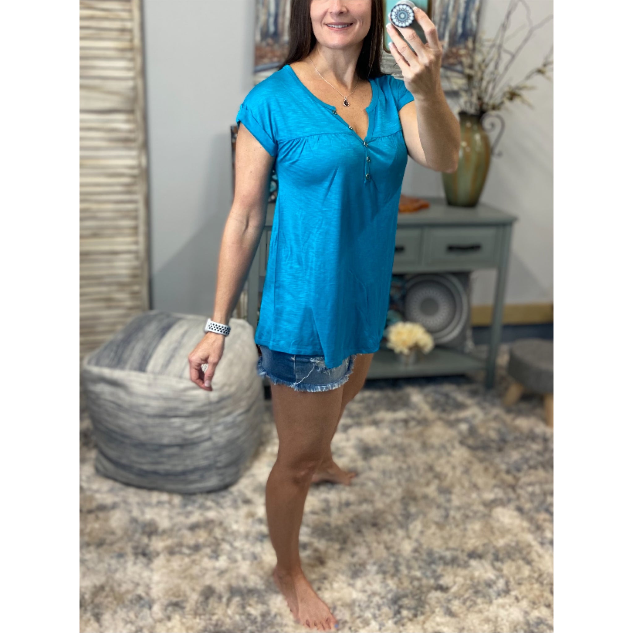 “Just Be You” Sheer Burnout Melange Tissue V-Neck Henley Tab Short Sleeve Shirt Tee Teal