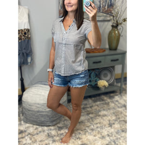 “Never Too Much” Striped V Neck Preppy Country Collar Pocket Button Up Short Tab Sleeve Navy