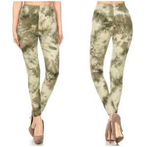 Tie Dye Fitted High Waist Leggings Stretch Lounge Pants Green OS