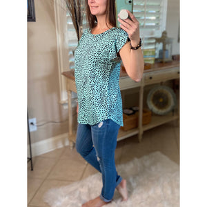 “I’ve Come a Long Way” Leopard Short Flutter Sleeve Round Neck Bottom Top Mint Black