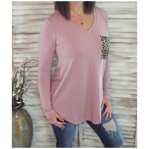 V Neck Soft Jersey Knit Floaty Animal Print Leopard Pocket Long Sleeve Pink