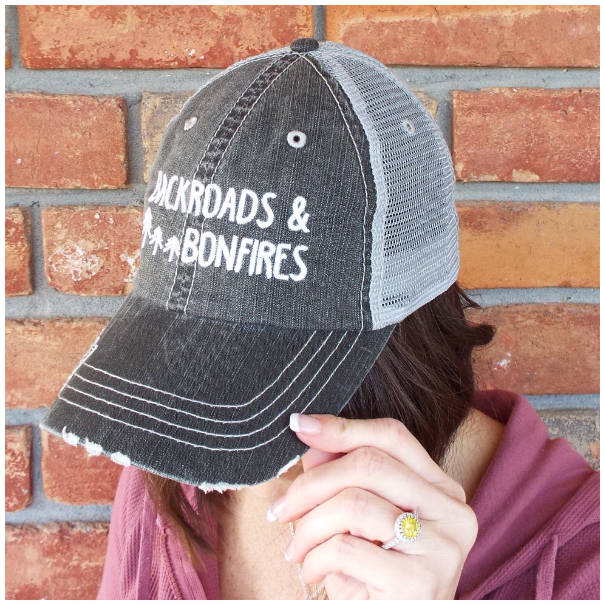 “Backroads & Bonfires” Distressed Embroidered Trucker Hat Mess Back Dark Gray