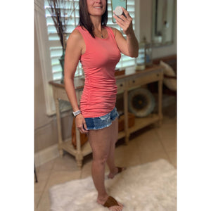 "All Summer Long" Scoop Neck Ruched Gathered Sides Sleeveless Summer Top Deep Coral S/M/L/XL