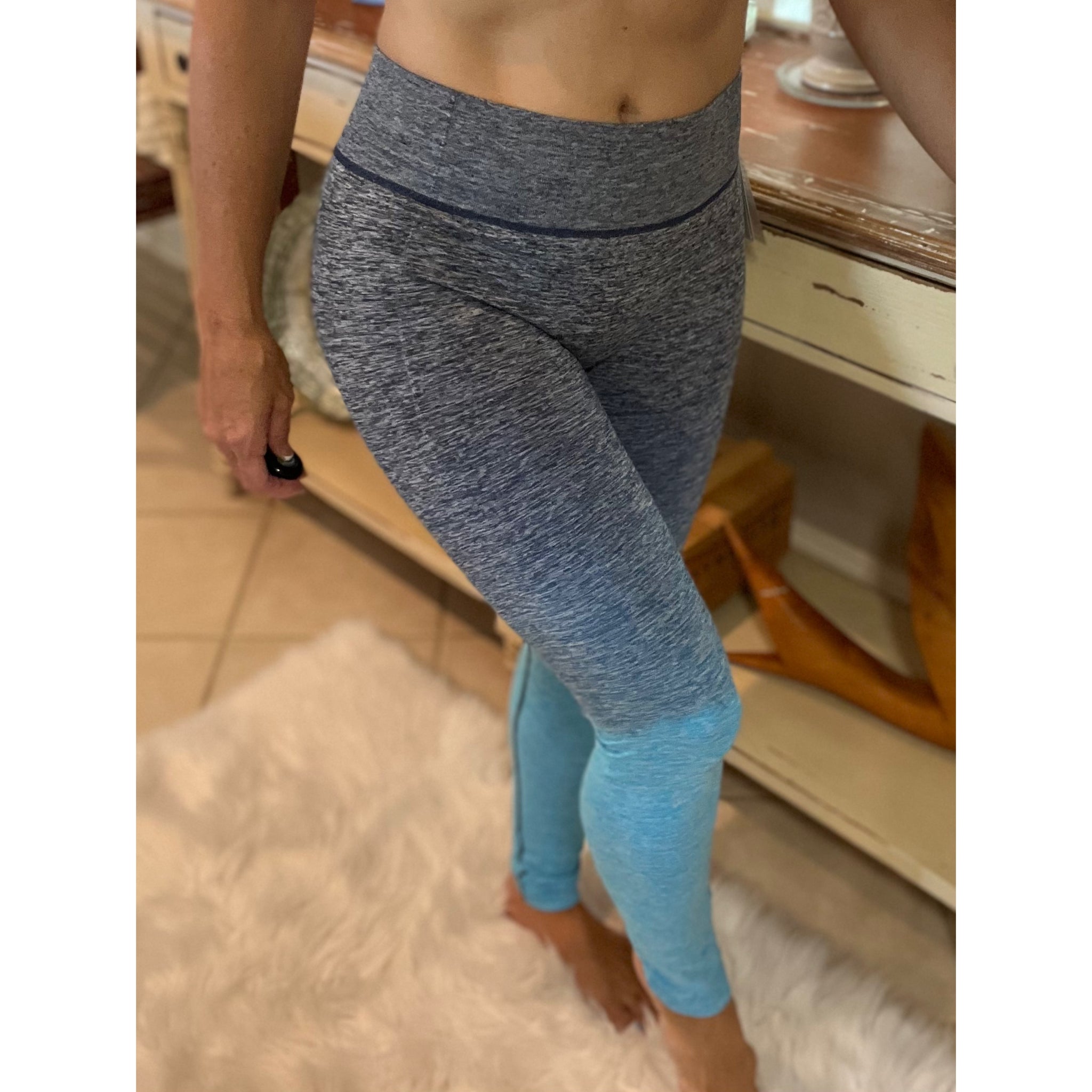 Leggings Stretch Yoga Lounge Ankle Ombré Pants Gym Workout Teal Blue S/M L/XL