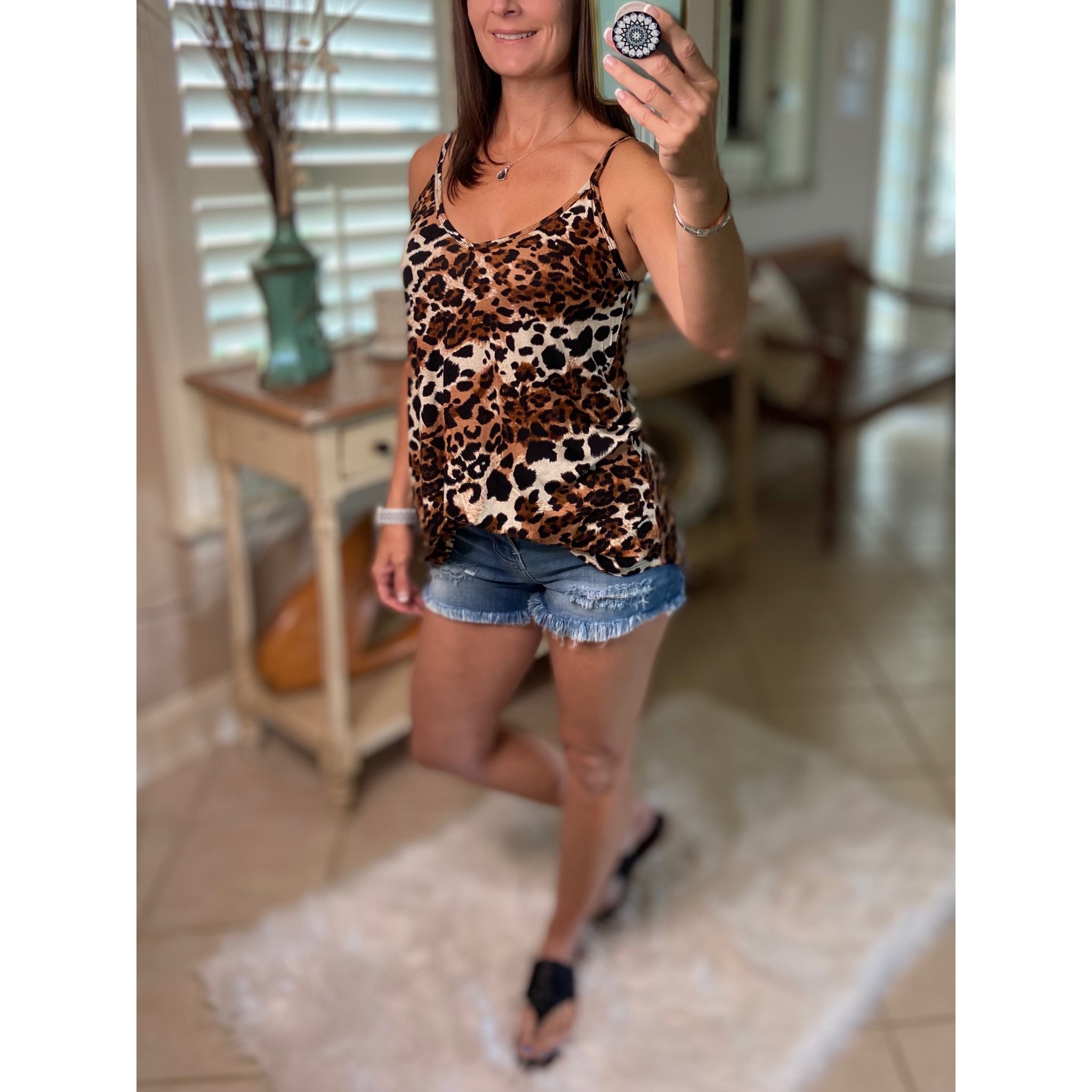 “Heat Wave” Reversible Leopard Low Scoop Or V Neck Spaghetti Strap Tank Top Brown