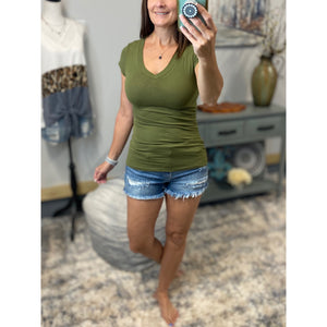 “Basic Babe” Low Cut V-Neck Cleavage Baby Slimming Basic Tee Shirt Top Olive S/M/L