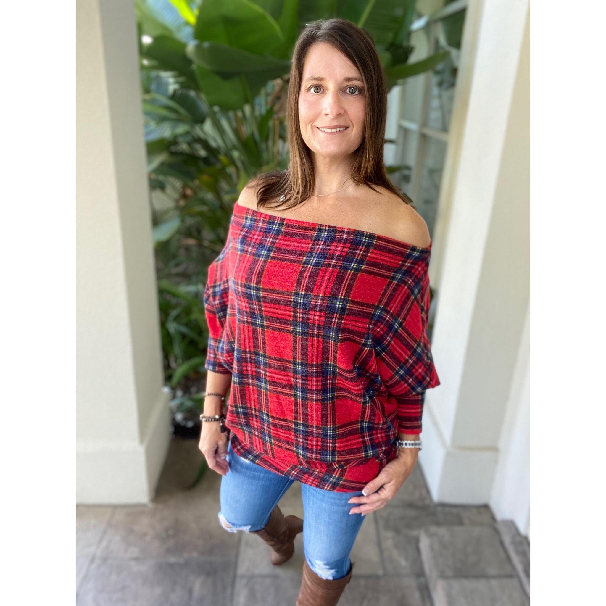 “Kick Up Your Heels” Plaid Off Shoulder Open Neck Dolman Long Sleeve Top Red S/M/L