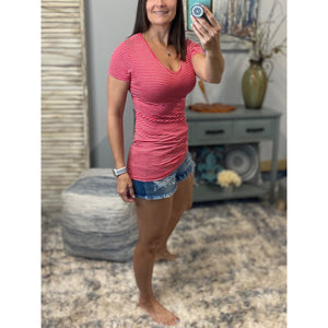 V-Neck Preppy Striped Rugby Stretch Baby Tee Shirt Top Red White S/M/L