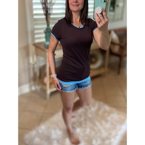 Very Sexy Crew Neck Baby Slimming Sheer Top T-Shirt Brown Blue Trim S/M/L/XL/XXL