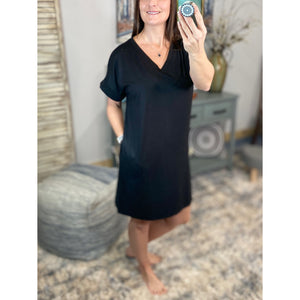 "Timeless" Boxy V-Neck Rolled Cuff Sleeve Pocket Summer Tee Shirt Dress Black S/M/L/XL
