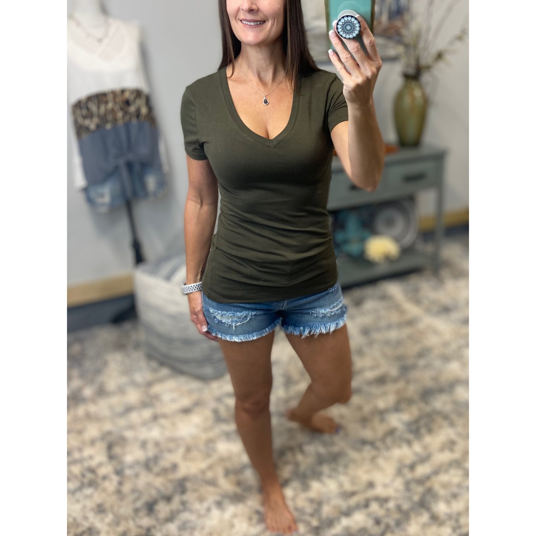 “Basic Babe” Low Cut V-Neck Cleavage Baby Slimming Basic Tee Shirt Top Dk Olive
