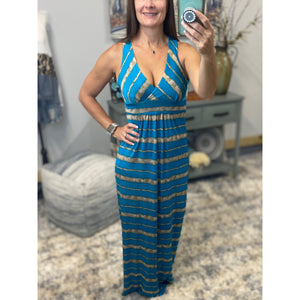 Sexy Cleavage Striped Tank Racerback Maxi Dress Long Tube Sundress Blue S/M/L