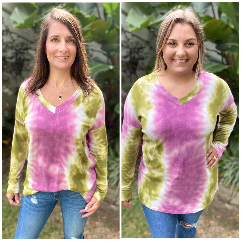 “Summertime Blues” Tie Dye Vertical Print V-Neck Long Sleeves Pink Green