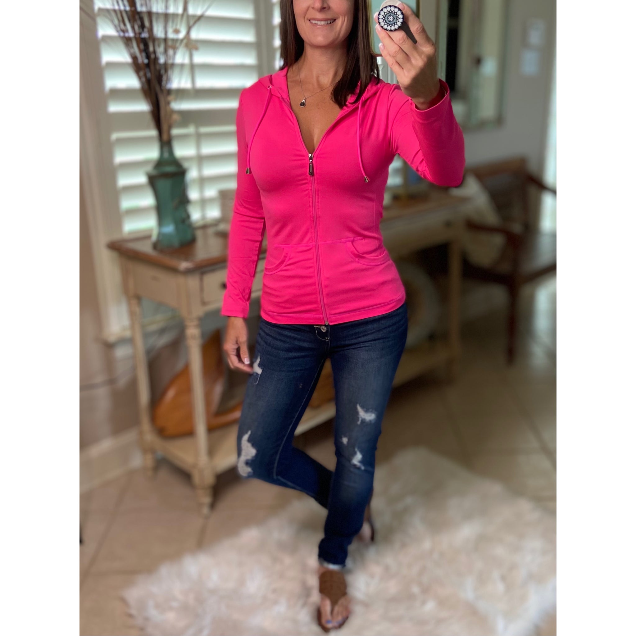 Sexy Sporty Slimming Seamless Zipper Lightweight Hoodie Jacket Pockets Neon Pink OS